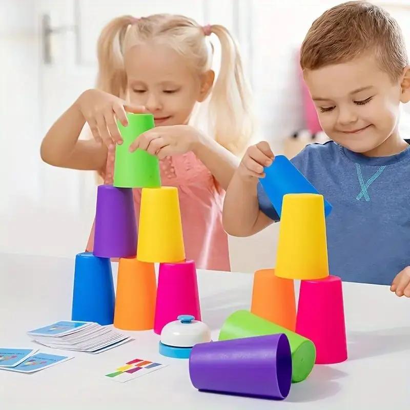 Cups Stacking Tower Game Set - Logic Training & Color Cognition Interactive Strategy Game for Kids Party Fun