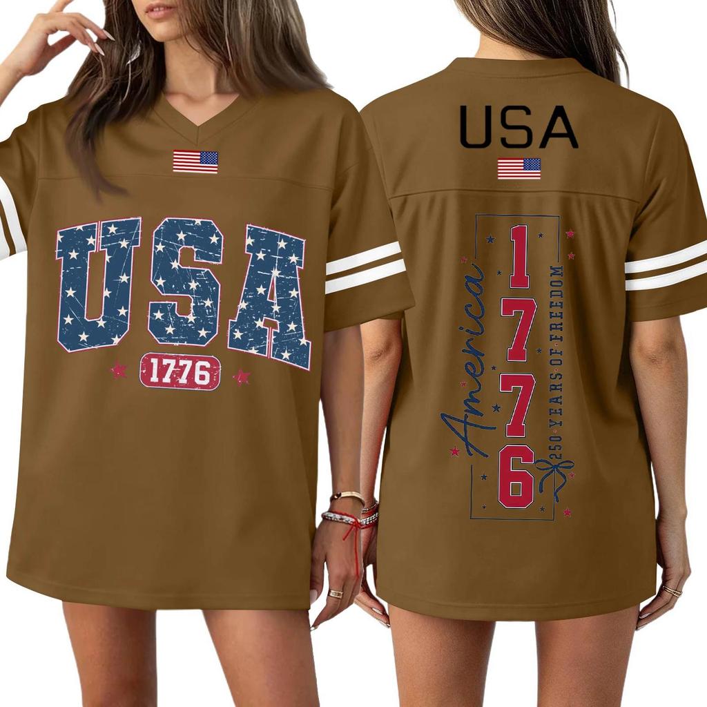 Damen Casual Mode V-Ausschnitt Sport Unabhängigkeitstag Druck Kurzarm Sport T-Shirt Top