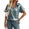 Women Lapel Short Sleeve Shirt Metallic Shiny Fabric Single Breasted Loose Vacation Casual Blouse