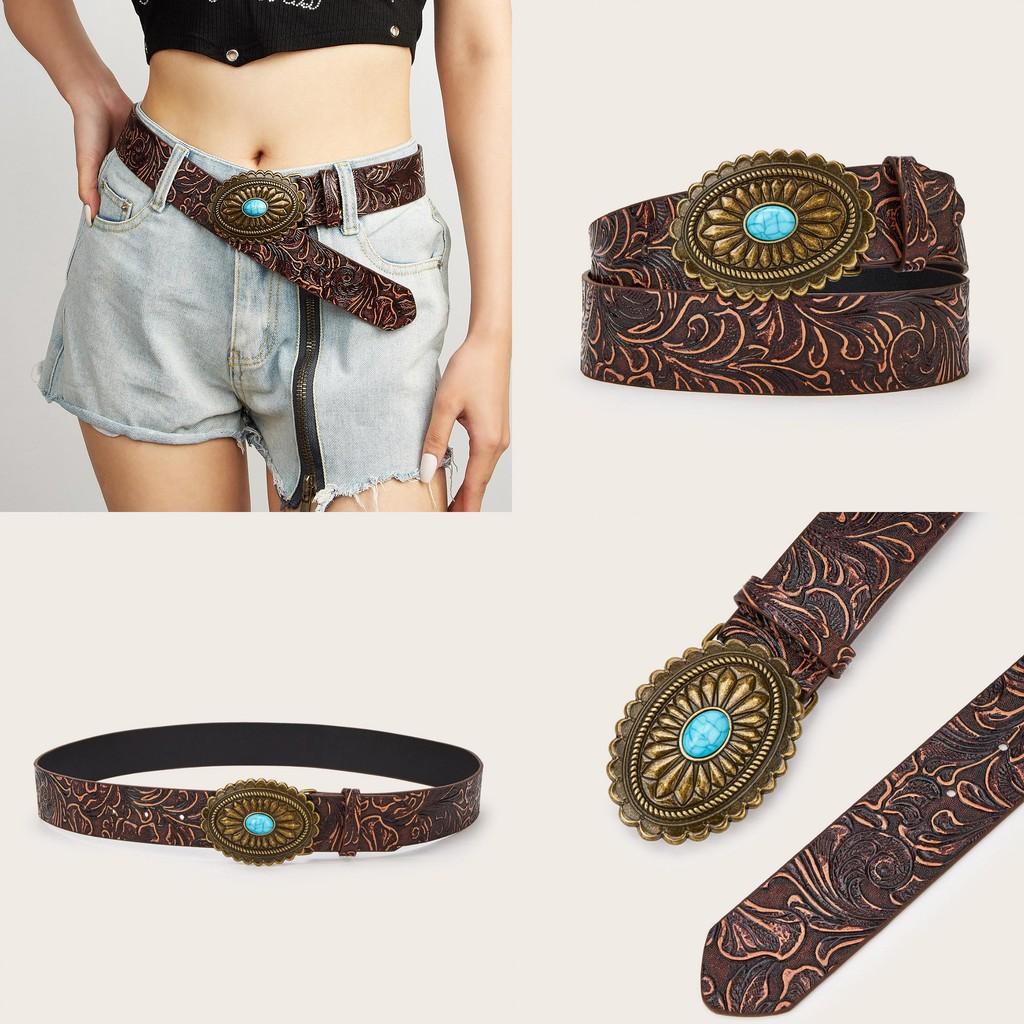 Fashion Simulation Gemstone And Metal Buckle Decor Flower Pattern Women Belt
