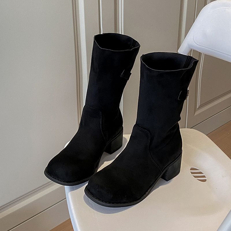 Versatile Bare Boots Wasteland Wind Single Boots 2025 Autumn and Winter New Korean Version Retro Suede Round Head Thick Heel Small Short Boots Women