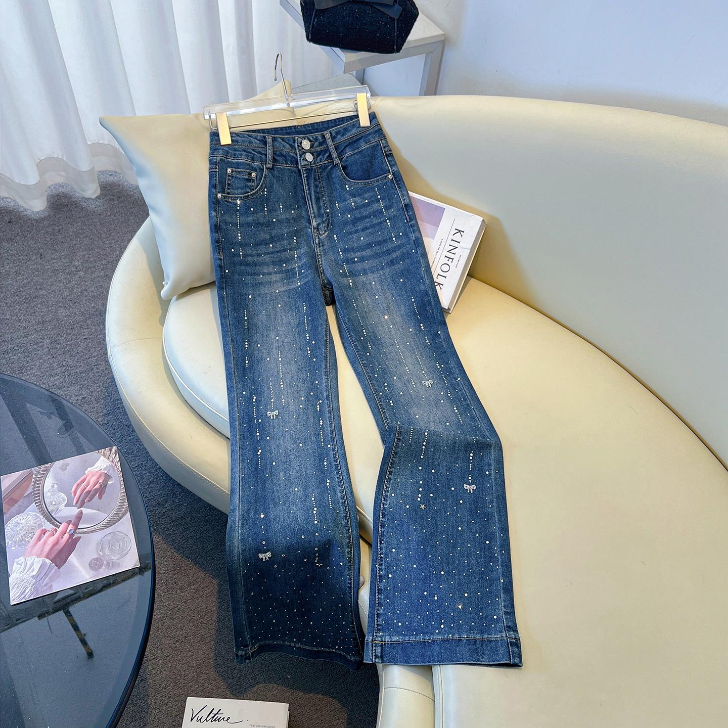 Women s High-Waisted Rhinestone Slim Fit Micro-Flare Denim Pants - 2026 Spring/Winter Trend S