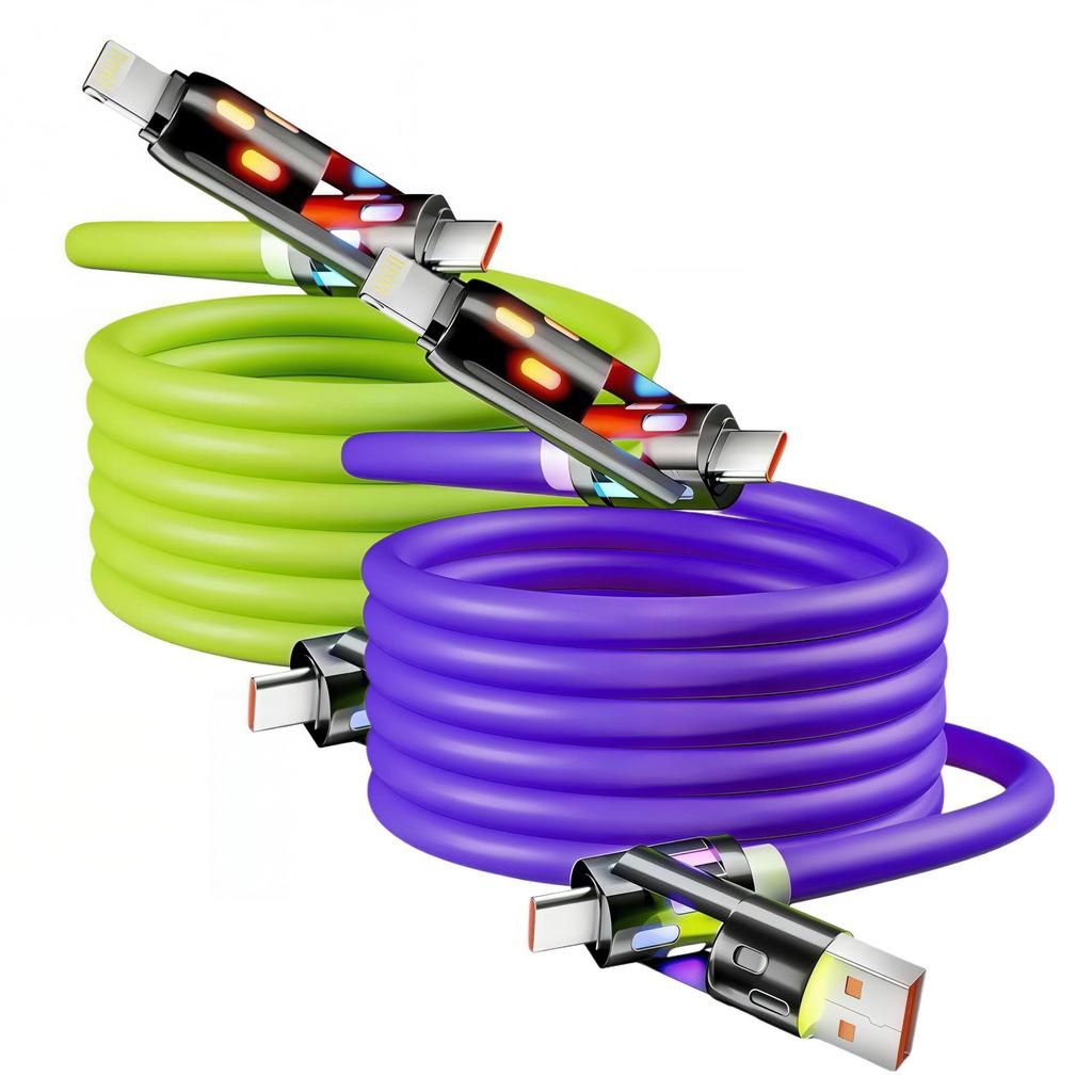 Cabo PD Multi-Cabeça 6A de Carregamento Super Rápido: Compatibilidade 4 em 1 Tipo-C e Apple, Compatível com Carregadores de Carro Huawei, Capacidade de Carregamento Duplo.