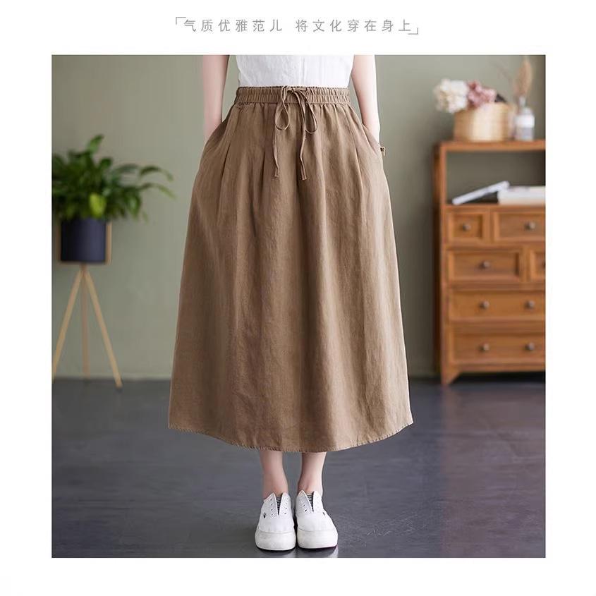 Women's High-Waisted Embroidered A-Line Cotton Linen Skirt with Elastic Waist and Large Hem