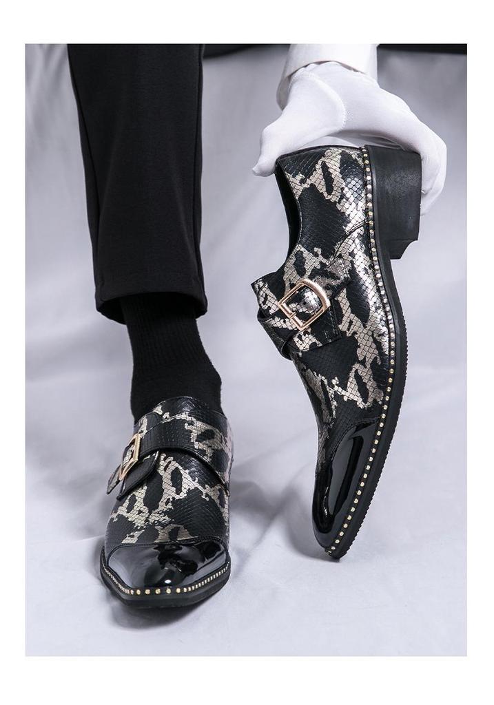 Cross-Border Plus Size Snake Print Leather Monk Strap Men's Shiny Pointed Toe Wedding Party Shoes