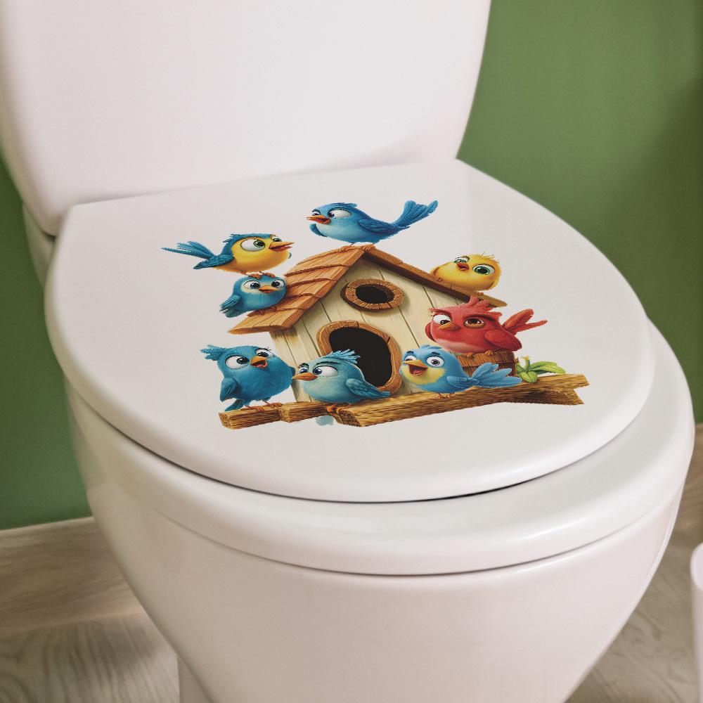 Cartoon Birdhouse with Birds Toilet Seat Sticker Bathroom Decor Nature Themed Removable Decal