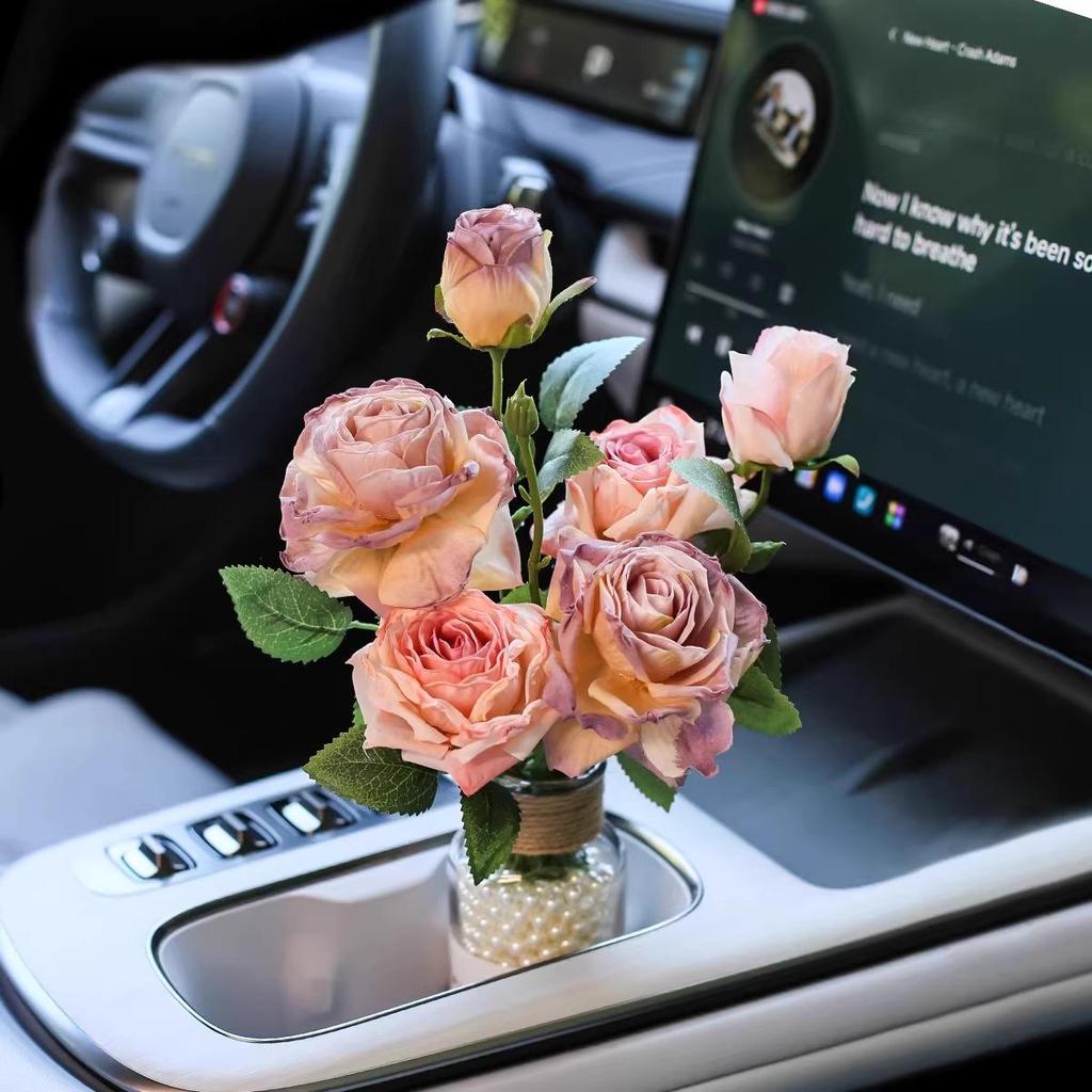 Burnt Edge Rose Imitation Oil Painting for Car Interior Decoration – Cup Holder Floral Ornament