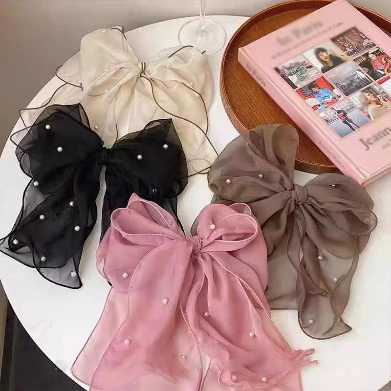 Fashion Ribbon Pearl Bow Hair Clips For Women Elegant Chiffon Bowknot Ponytail Clip Pin Bows Barrette Sweet Headwear Accessories