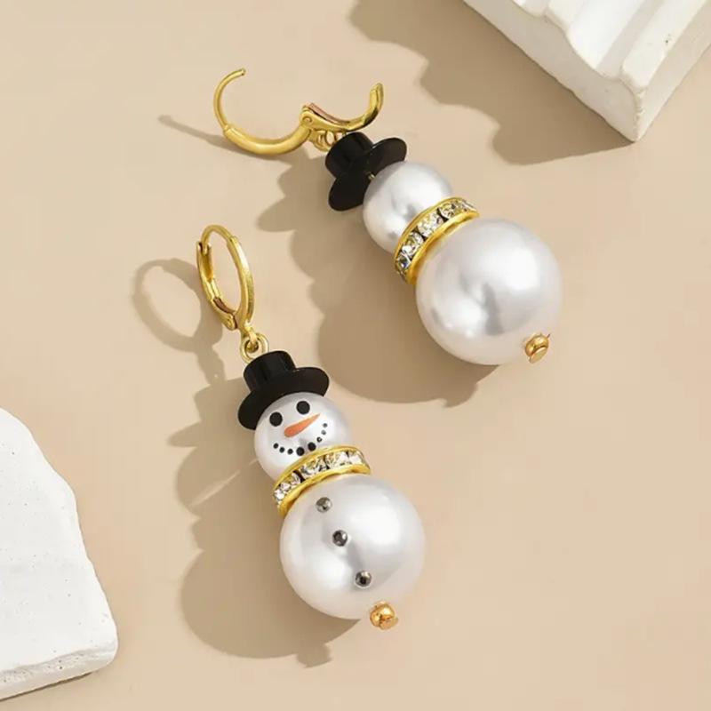 Fashion Christmas White Snowman Pearl Drop Earrings for Women Cute Rhinestone Snowflake Earring Jewelry New Year Holiday Gifts