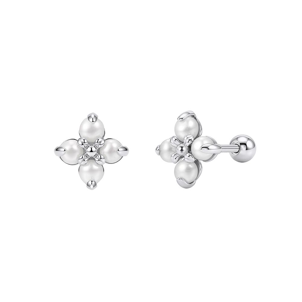 Rinntin GPE132 925 Sterling Silver Four Leaf Clover Natural Freshwater Pearl Screw Back Stud Earrings Dainty Elegant Earrings 2.5-3mm