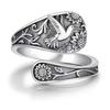 Vintage Bohemian Women's Spoon Ring, Engraved Sunflower and Hummingbird Pattern, Antique Silver Elegant Ethnic Jewelry