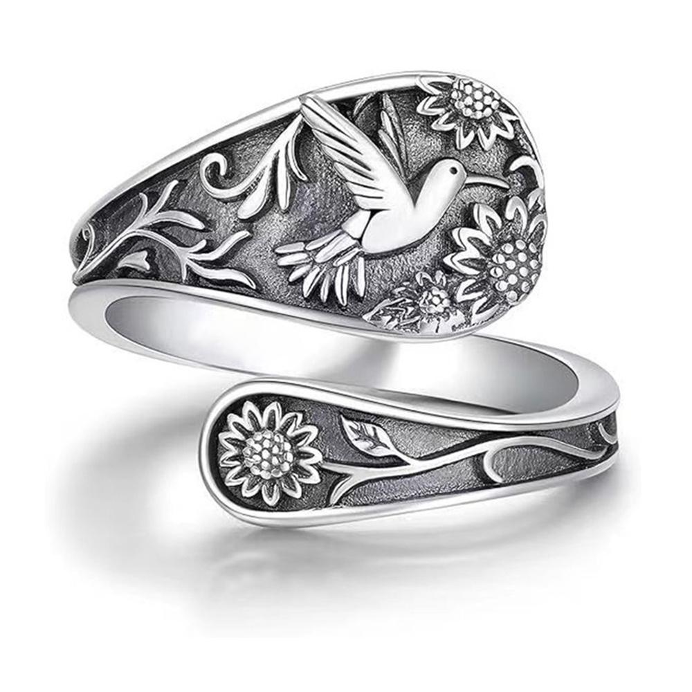 Vintage Bohemian Women's Spoon Ring, Engraved Sunflower and Hummingbird Pattern, Antique Silver Elegant Ethnic Jewelry