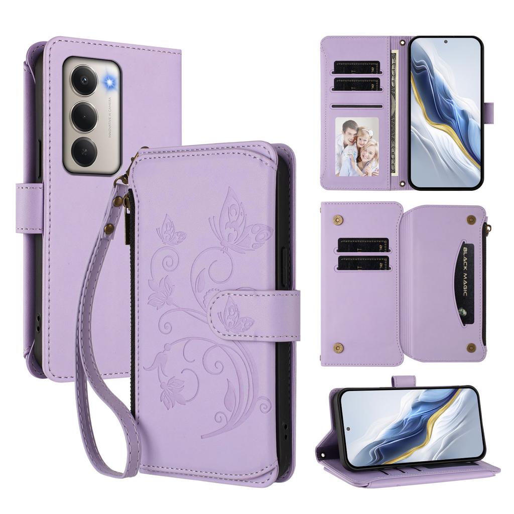 Pro Xiaomi Redmi 15 4G (EU) (171 mm) Kožené pouzdro Motýlí květinový potisk Peněženka na zip Stojánek Kryt s poutkem na zápěstí