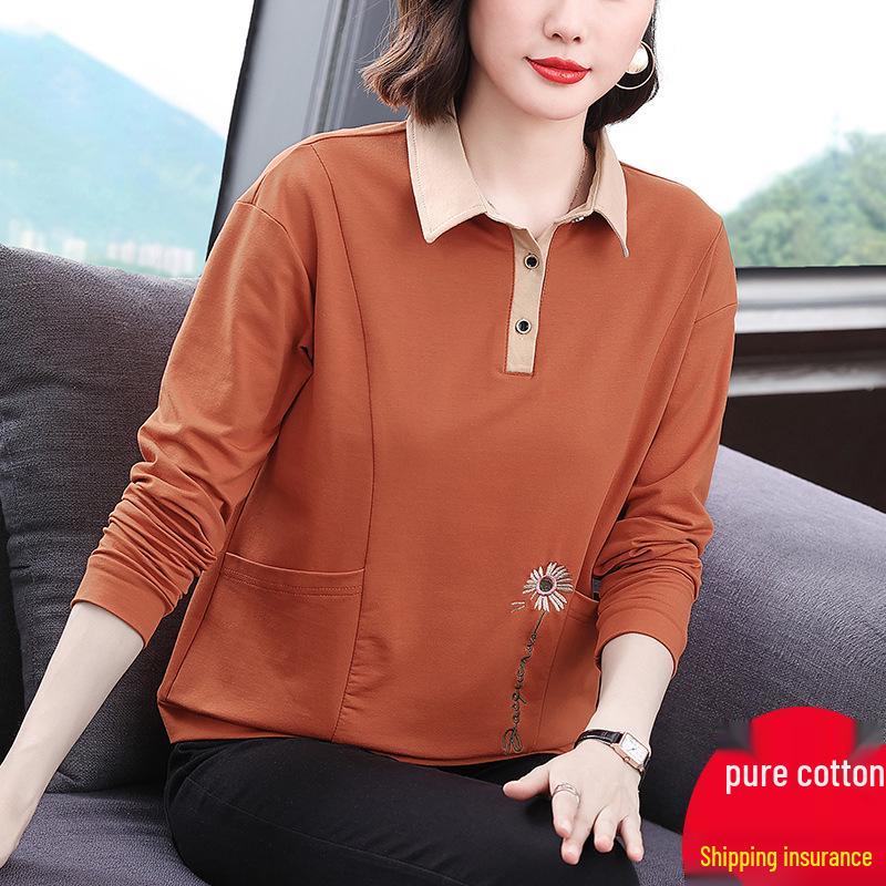 Herbst Baumwolle Langarm Umlegekragen Übergröße Oberteil für Damen