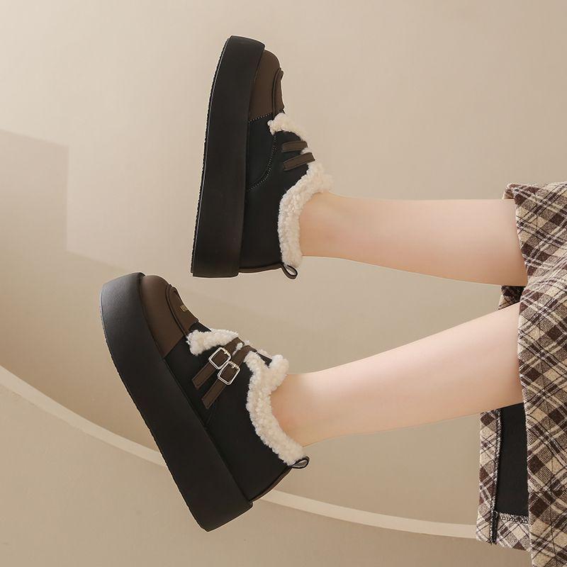 Dámské mokasíny na silné podrážce, kožené Mary Janes s velurovou podšívkou, podzimní/zimní teplé bavlněné boty, britský styl, off-white/černé.