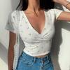 Mädchen Sommer Retro Blumen Kurzarm V-Ausschnitt T-Shirt Schlank Abnehmen Wild Hohe Taille Damen Top