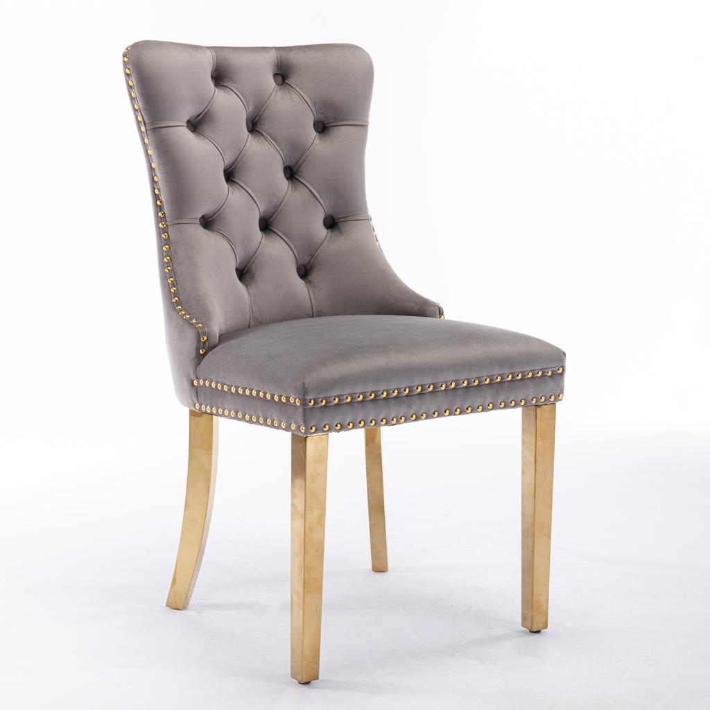A&A Furniture, Colección Nikki Silla de Comedor Terciopelo Madera Maciza Acolchada con Patas Doradas Chapadas, Ribete de Tachuelas, Juego de 2, Gris y Dorado, DE1601GY