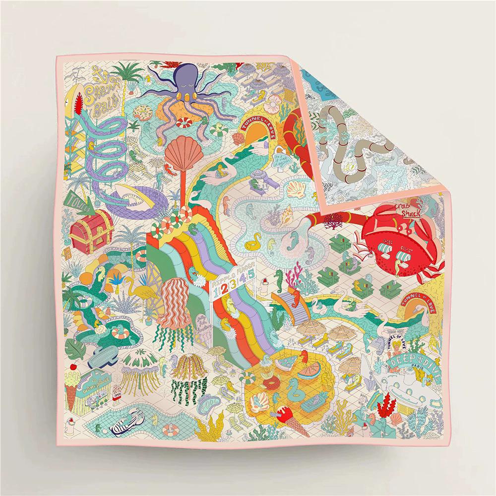 New Double-Sided Color-Block Silk Scarf with Underwater Amusement Park Print Decorative Fashion Women's 90cm Square Scarf