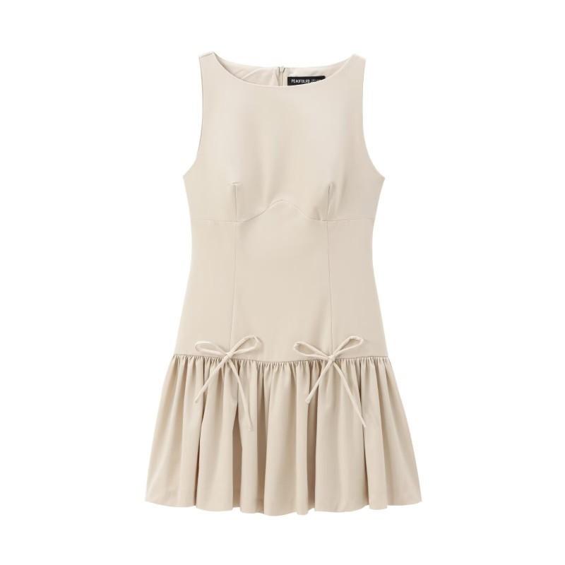 

European American Women s Clothing Summer All-matching Bow Round Collar Sleeveless Short Dress L абрикосовий