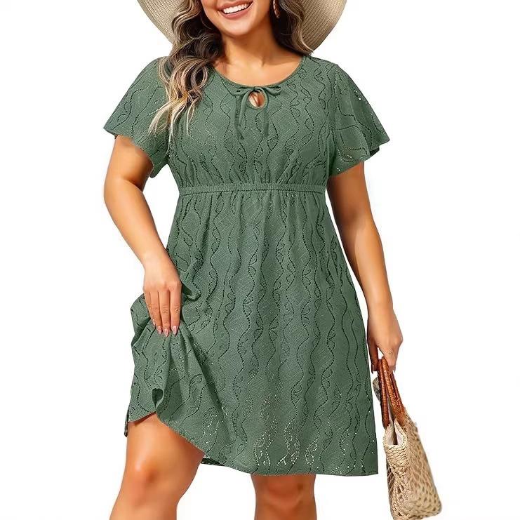 European fashion temperament simple round neck short-sleeved skirt women s summer new thin dress S зелёный