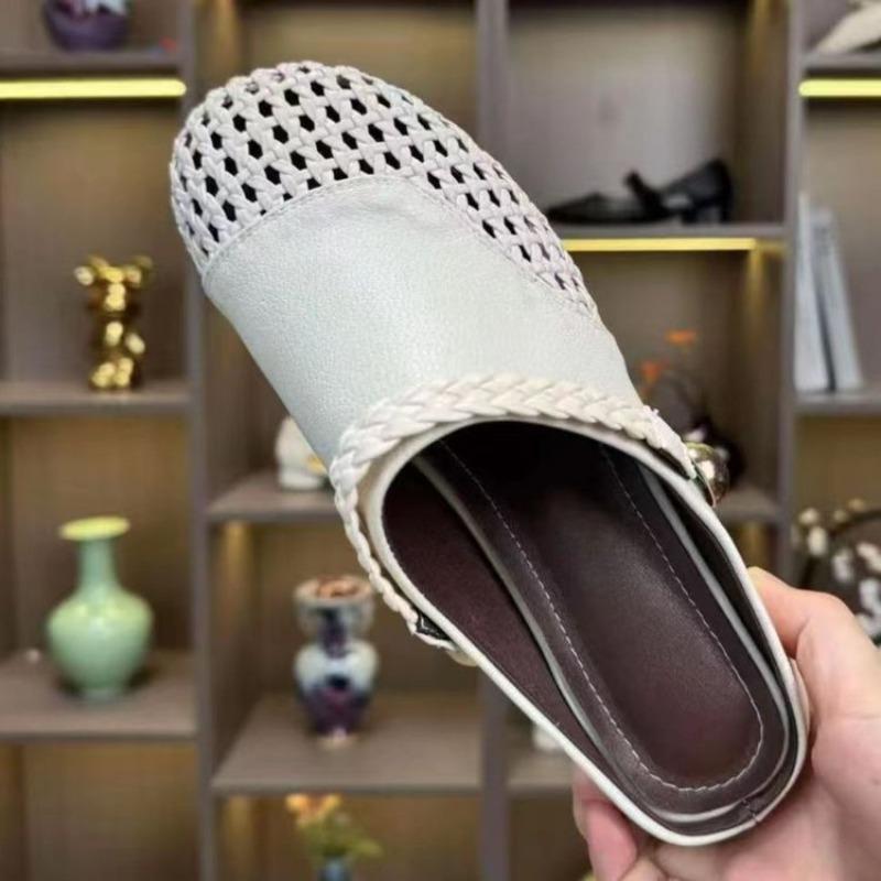 Fashion French Breathable Woven Half Slippers Womens Summer New Fashion Wear Breathable Sandals Womens Flat Comfortable Casual Sandals