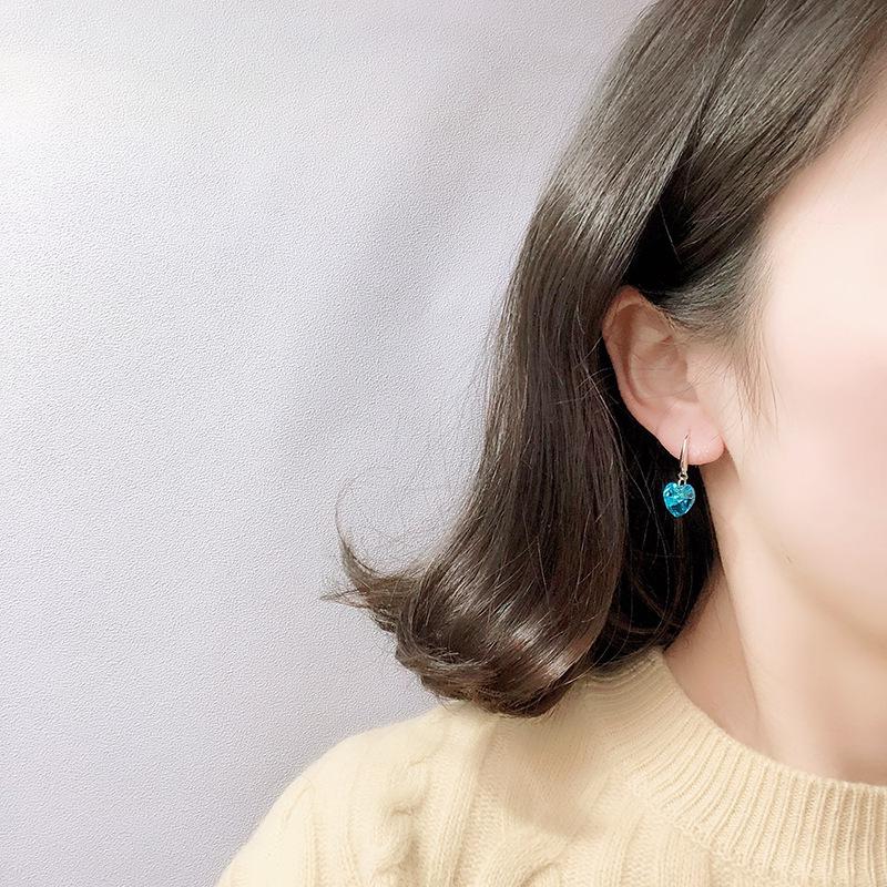 Korean Ocean Heart Blue Crystal S925 Silver Women's Earrings