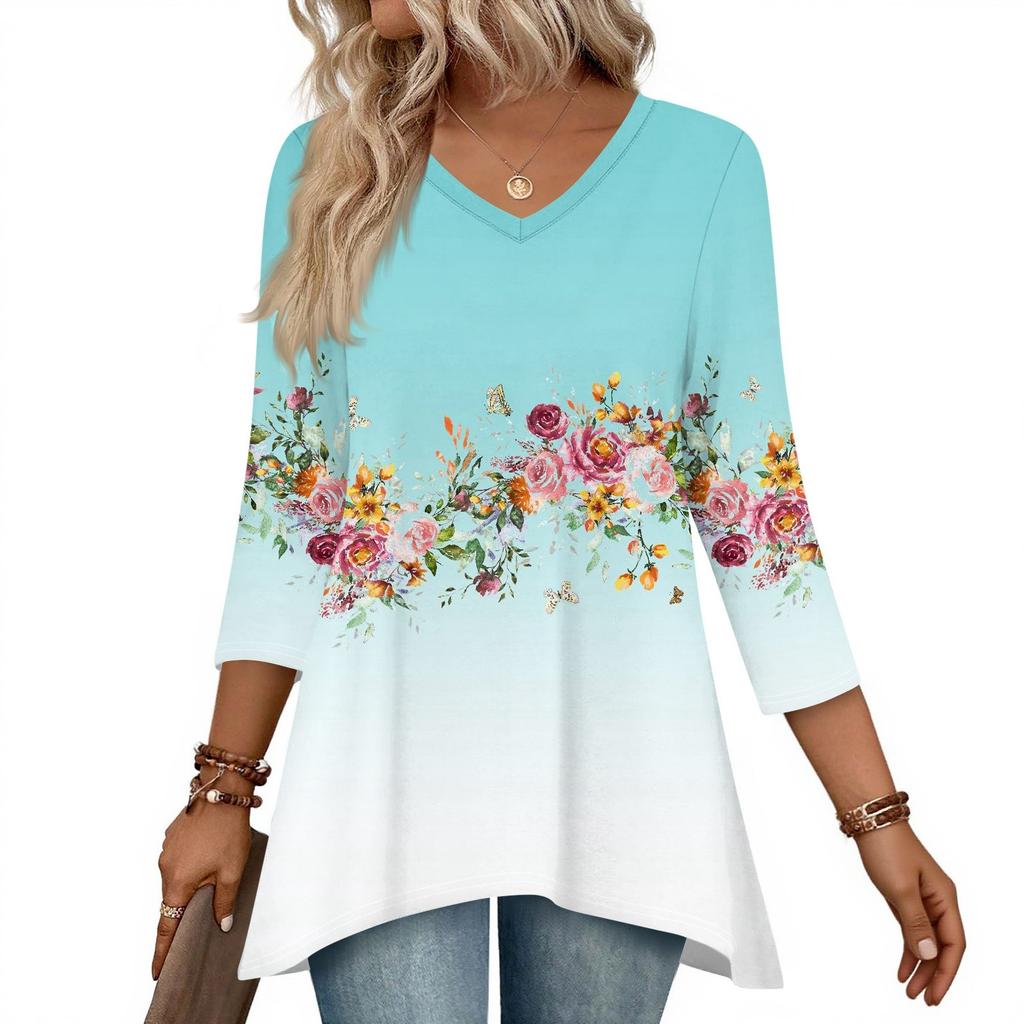 Dámské topy s výstřihem do V a 3/4 rukávem, ležérní košile střední délky, módní tuniky s potiskem