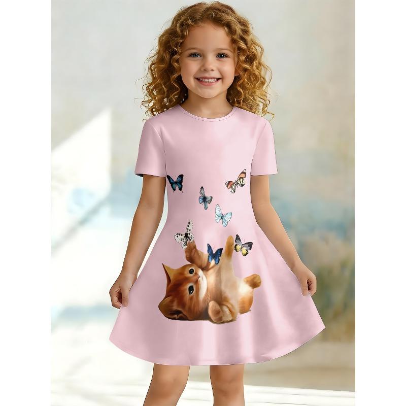 3D Cute Printed Dress for Young Girls, Short Sleeved Round Neck Children's Party A-line Dress Suitable for Birthday Gifts