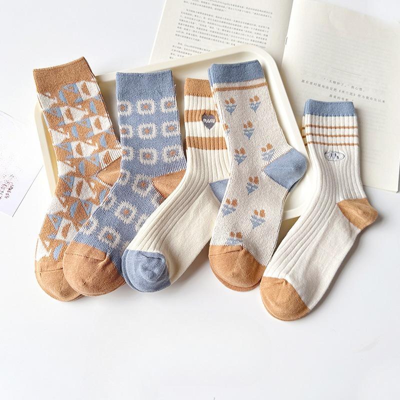 5 Pairs of Women's Autumn and Winter Warm Trend Embroidery Cylinder Stack Socks