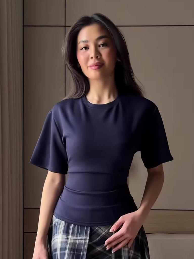 Women's Solid Color Cinched Waist Round Neck Cotton T-Shirt – Casual Short Sleeve Top (2026)