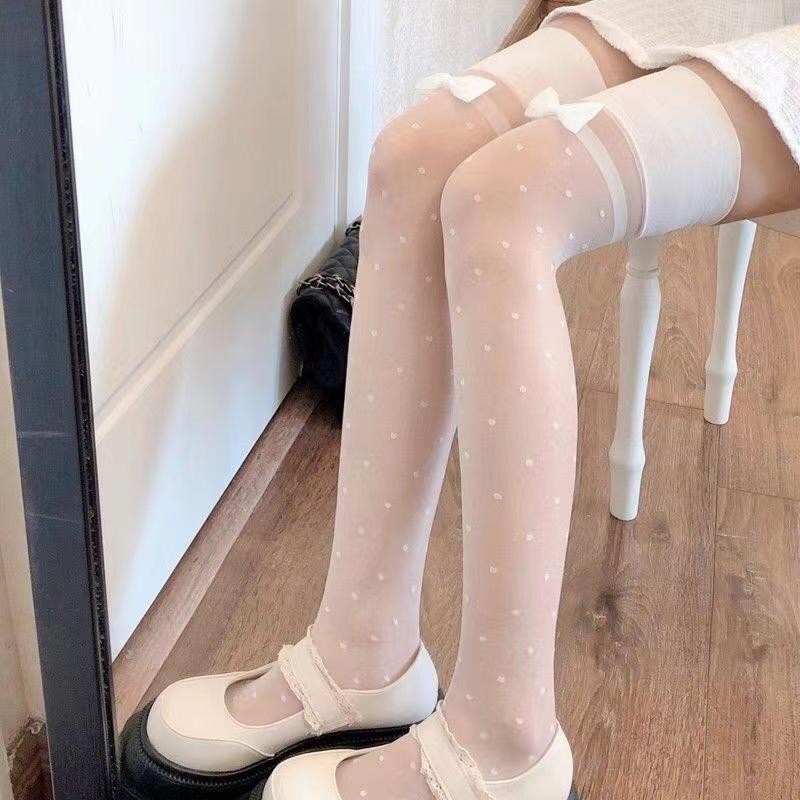 Sexy Women's Hosiery Classic Black Small Polka Dot Stay Up Thigh High Silk Stockings Hose.Ladies Bow Stockings Tights Pantyhose