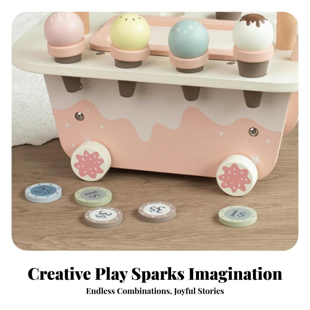 Pretend Ice Cream Cart Wheeled Wooden TwoLevel Play Treats Set for Kids