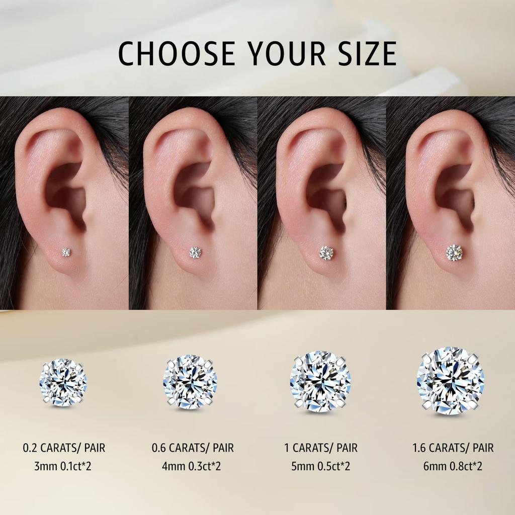 Limerencia Moissanite Stud Earrings, Pure Titanium, Unisex, D-Colored VVS1 Moissanite Stud Earrings, 1 Pair, Permanent Wear, Medical Grade, Hypoallerg