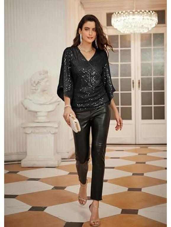 Women's Loose V-neck Sequin Flare Sleeve Top - Trendy Casual Vacation T-shirt