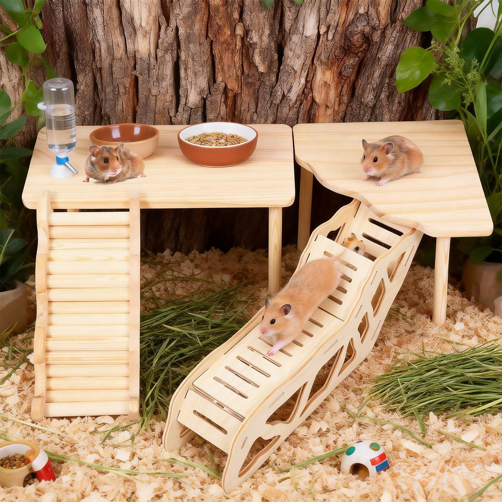 4Pcs Hamster Platform Natural Wood Hamster Climbing Toy with Ramp Tunnel Shelter Small Pet Resting Area Hamster Cage Accessories