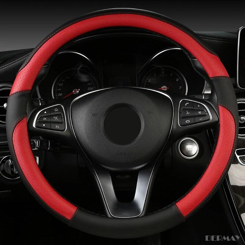 DERMAY  New Car Steering Wheel Cover PU Leather M Size Fit Standard Steering Wheel 37-38cm(14-15") Non-slip & Easy Install