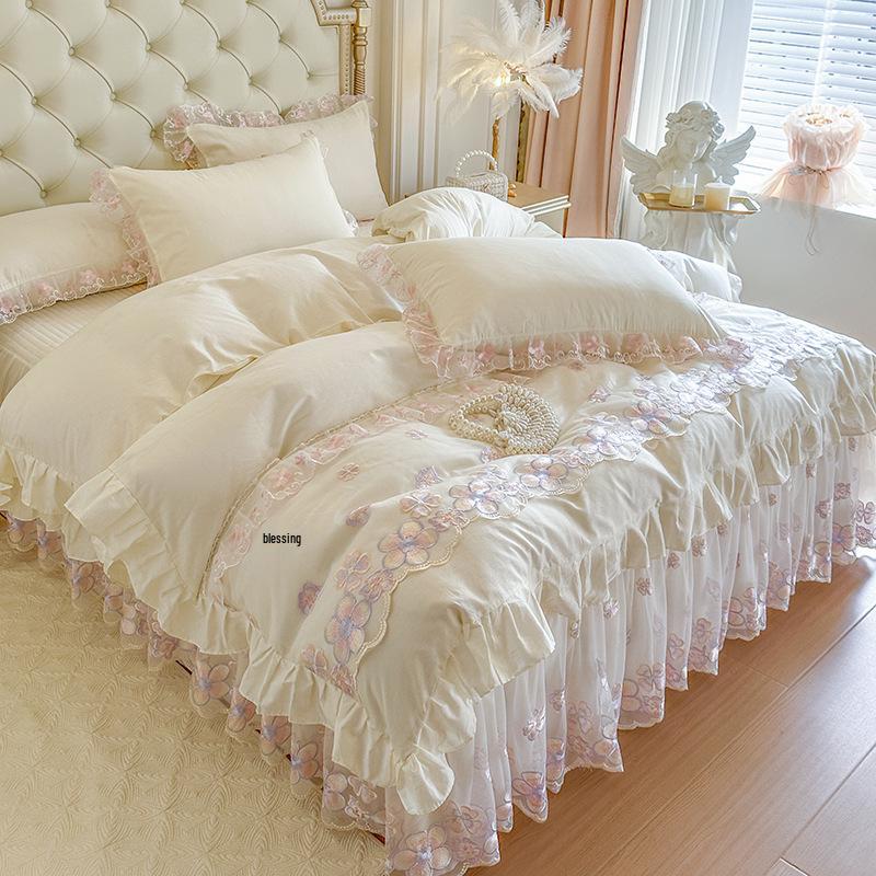 Premium Skin-Friendly Cotton Lace Bedding Set - All-Season Princess Style Duvet Cover (4-piece)