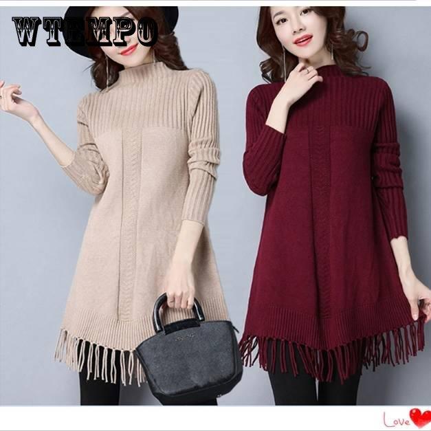 

Pofulove Женское длинное платье-свитер Длинная водолазка с кисточками Пуловер Базовая вязаная блузка