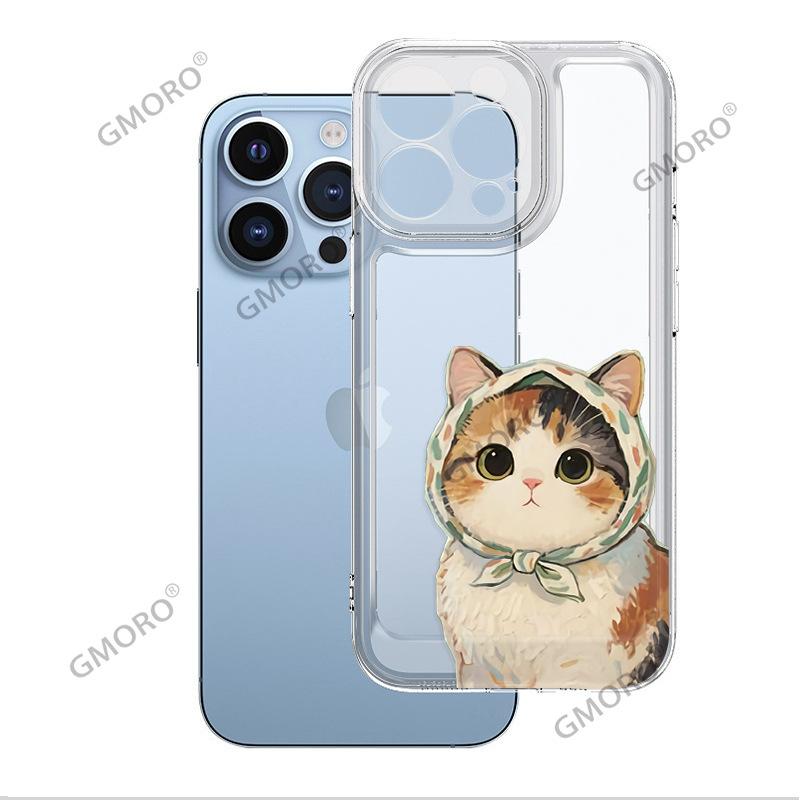 Oil painting cat is suitable for Apple 17promax transparent mobile phone case, girls iphone16 cute soft girl protective case.