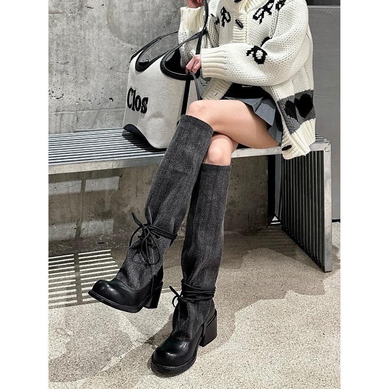 Cowhide version~ niche design fashionable long boots women's retro babes pile boots thick heel knight boots look thin
