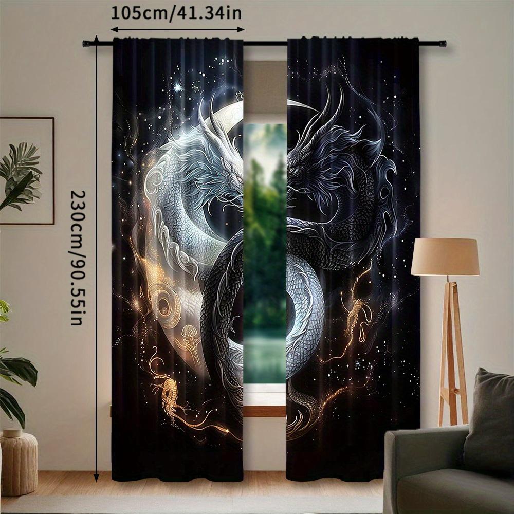 2pcs Yin-Yang Dragon Tai Chi Design Curtains - Celestial Motifs   Rod Pocket   Semi-Transparent Polyester   Ideal for Living Room