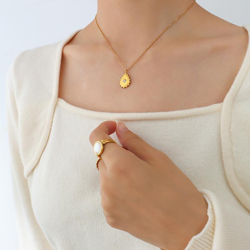 European Geometric Water Drop Zirconia Pendant Necklace - 18K Gold Plated Titanium Steel