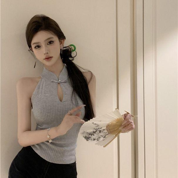 Buttoned Hollow-out Halter Sleeveless Knitted Vest Women's Summer Hot Girl Slim Fit Inner Wear Chinese Style Top Outerwear