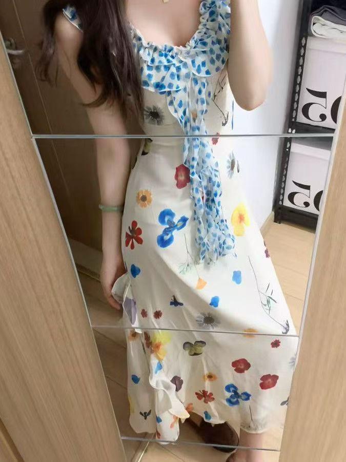 Women's French V-Neck Floral Sling Dress - Fairy Style Summer Resort A-line, High Waist, Long and Slimming