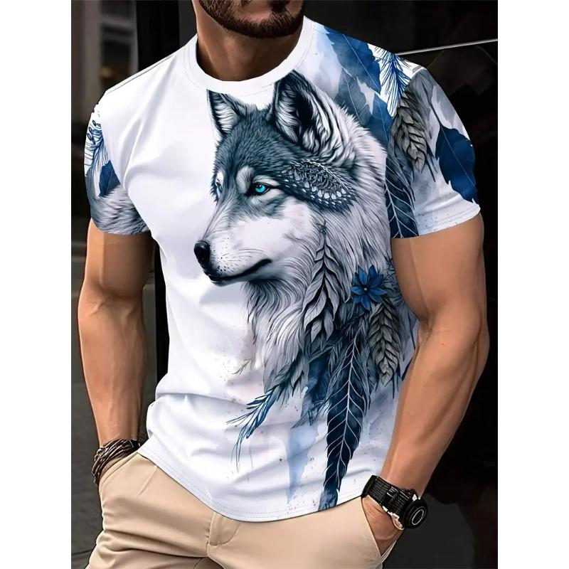 Men's 3D Printed T-shirt Casual Round Neck Lightweight Summer Trend Fashionable Versatile Wolf Pattern T-shirt
