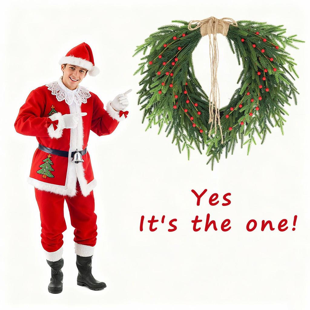 Yunhui Christmas Wreath with Red Berries and Bow – PE Norfolk Pine Greenery