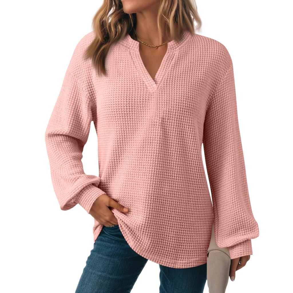 Women's Fashion Long Sleeve  Knit V-Neck Solid Color Casual Top