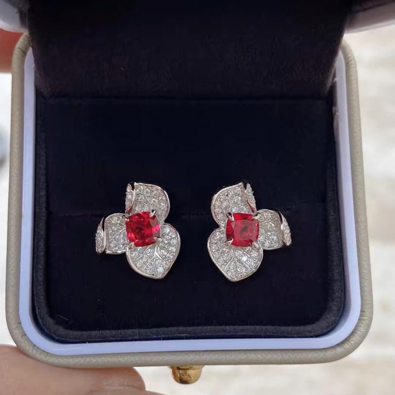 Elegant Flower-Shaped Gemstone Stud Earrings with Simulated Pigeon Blood Ruby for Women