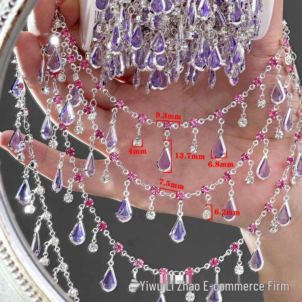 DIY Chain Color Block Teardrop Jewelry Set: Pink & Purple Hanfu Costume Bracelet & Necklace with Copper Badge Liquid Flow Design