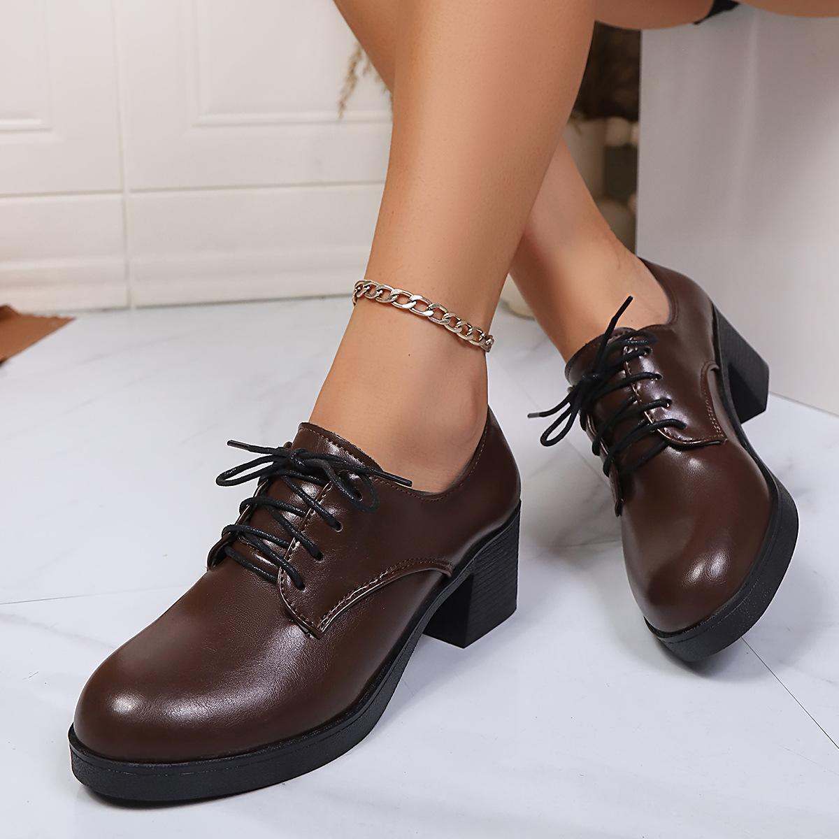 

British Style Mid-heel Professional Single Shoe Women s 2025 Autumn New Lace-up Leopard Print Plus-size Retro Leather Shoes 42 коричневый